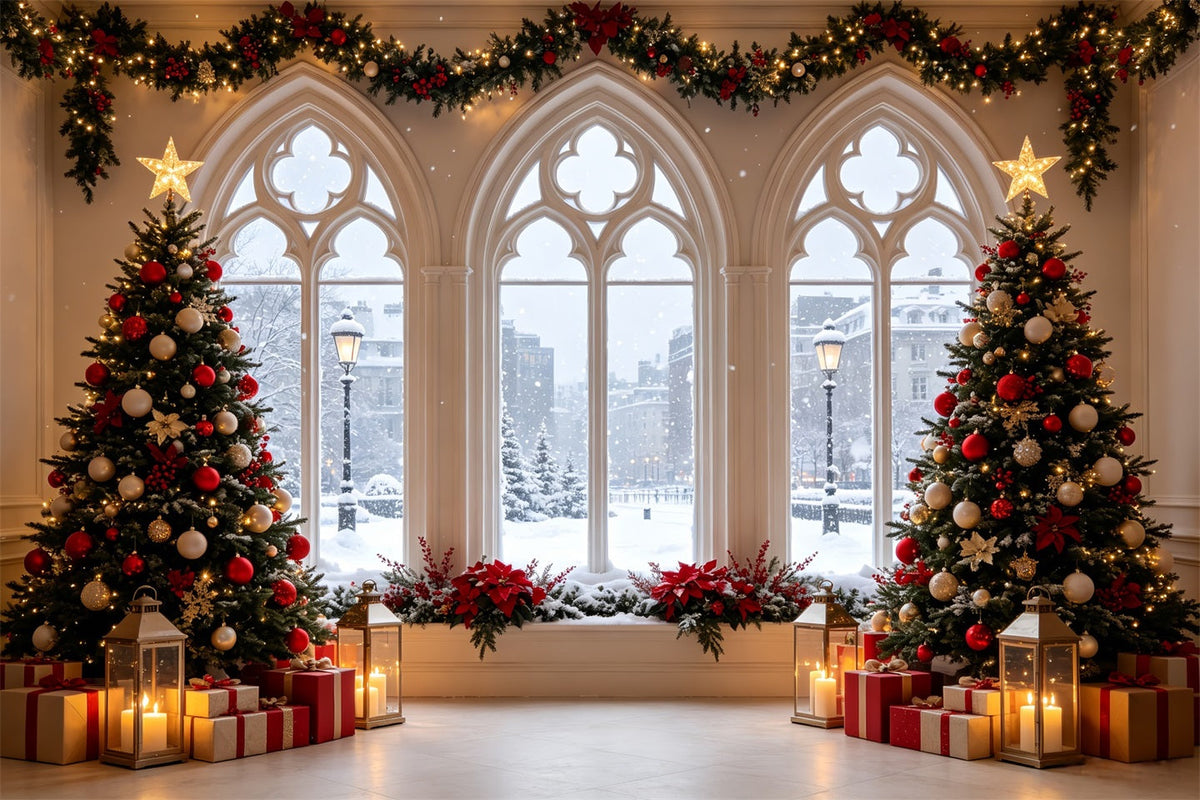 Weihnachtsfenster-Hintergrund Schneebedeckte Gotische Fensterbäume Große Weihnachtskulissen CSH68-61