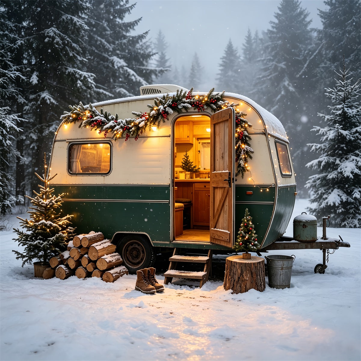 Weihnachtscamper-Fotografie-Hintergrund Vintage-Wohnmobil Woodland Weihnachtshintergründe CSH68-65