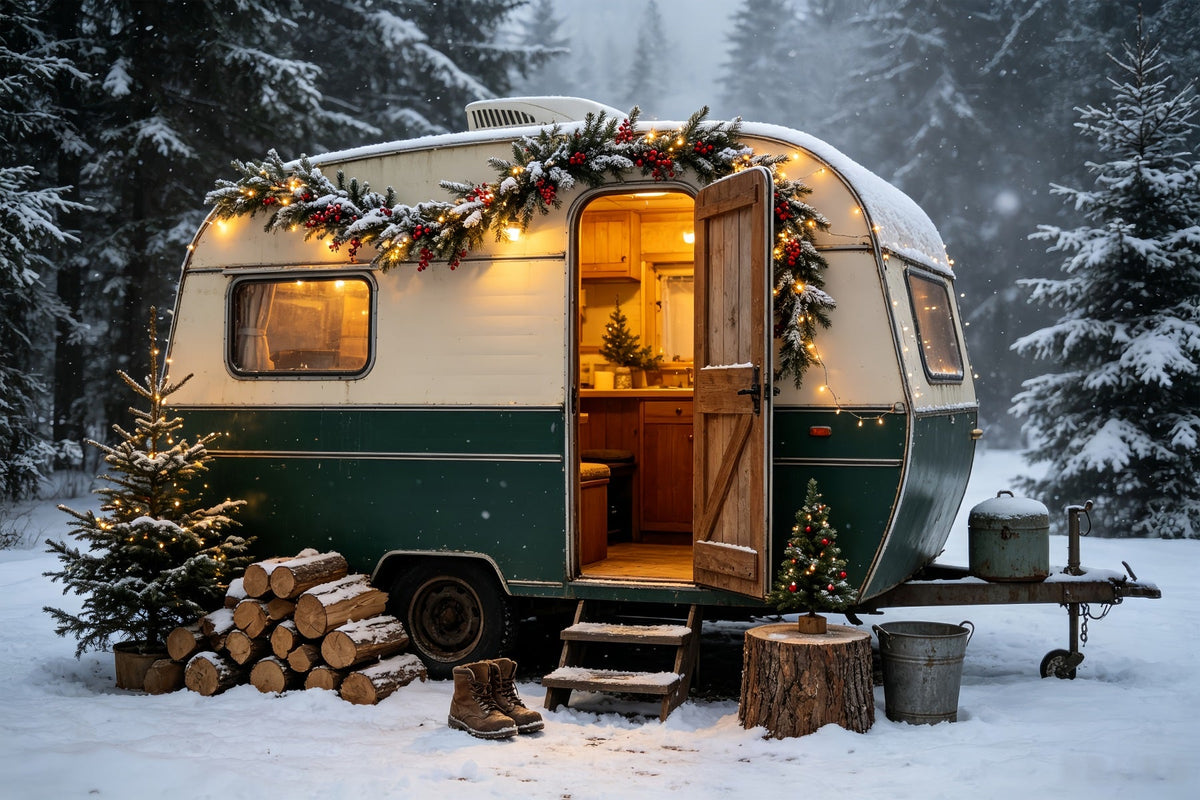 Weihnachtscamper-Fotografie-Hintergrund Vintage-Wohnmobil Woodland Weihnachtshintergründe CSH68-65
