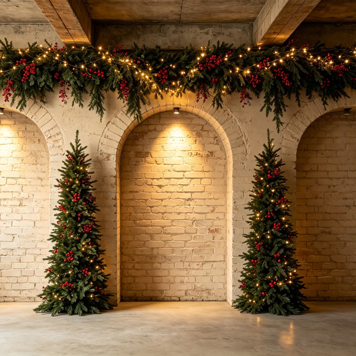 Weihnachtswand-Hintergrund Ziegelbogen-Girlandenbäume Weihnachts-Fotohintergründe CSH68-68