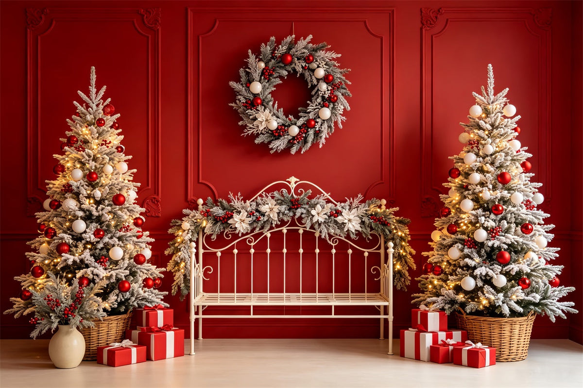 Weihnachtskopfteil-Hintergrund Rote Bank, Bereifte Bäume Weihnachts-Musselin-Hintergrund CSH68-80