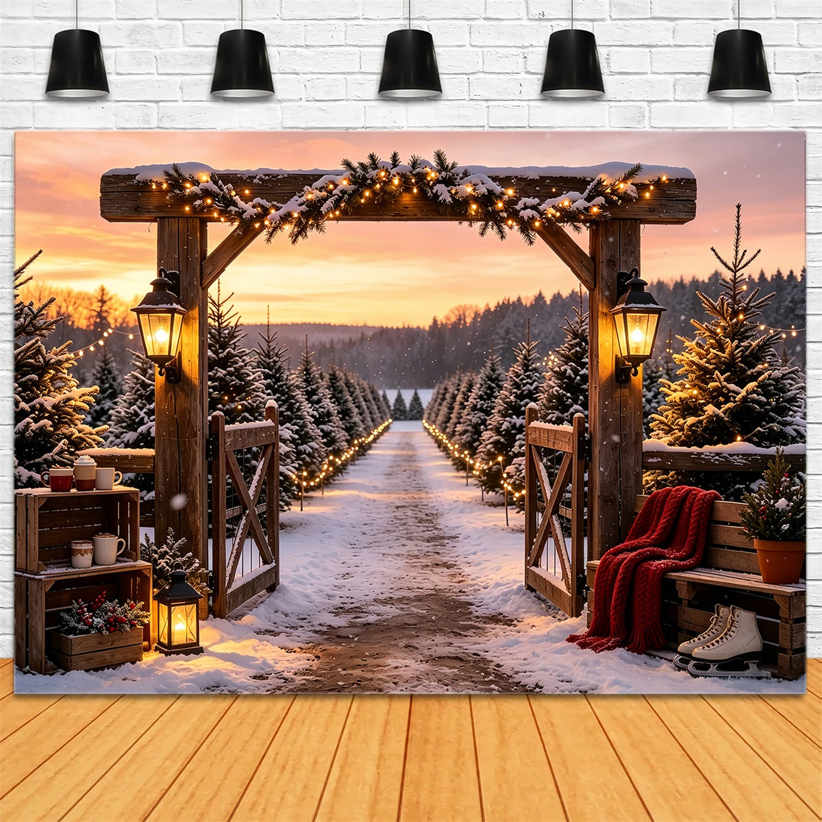 Kulisse Für Eine Weihnachtsbaumfarm Eingang Zum Snowy Pine-Tor Professionelle Weihnachtskulissen CSH68-95