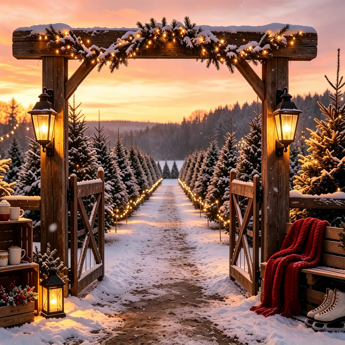 Kulisse Für Eine Weihnachtsbaumfarm Eingang Zum Snowy Pine-Tor Professionelle Weihnachtskulissen CSH68-95