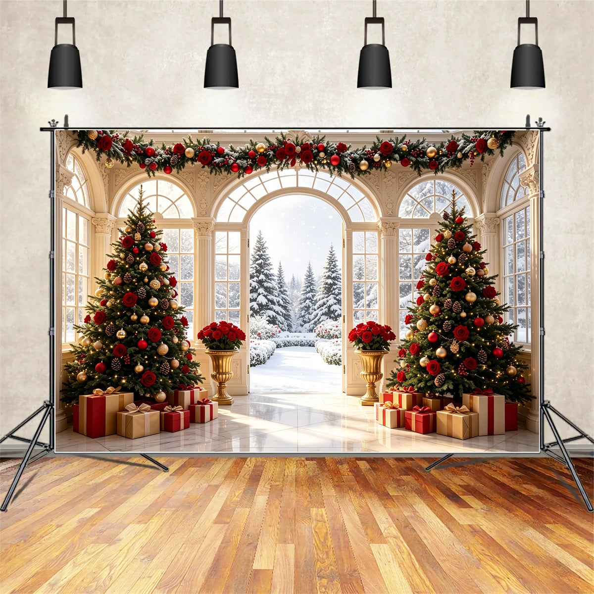 Weihnachtstür-Hintergrund Rosengarten Mit Blick Auf Den Schnee Große Weihnachtskulisse CSH69-1