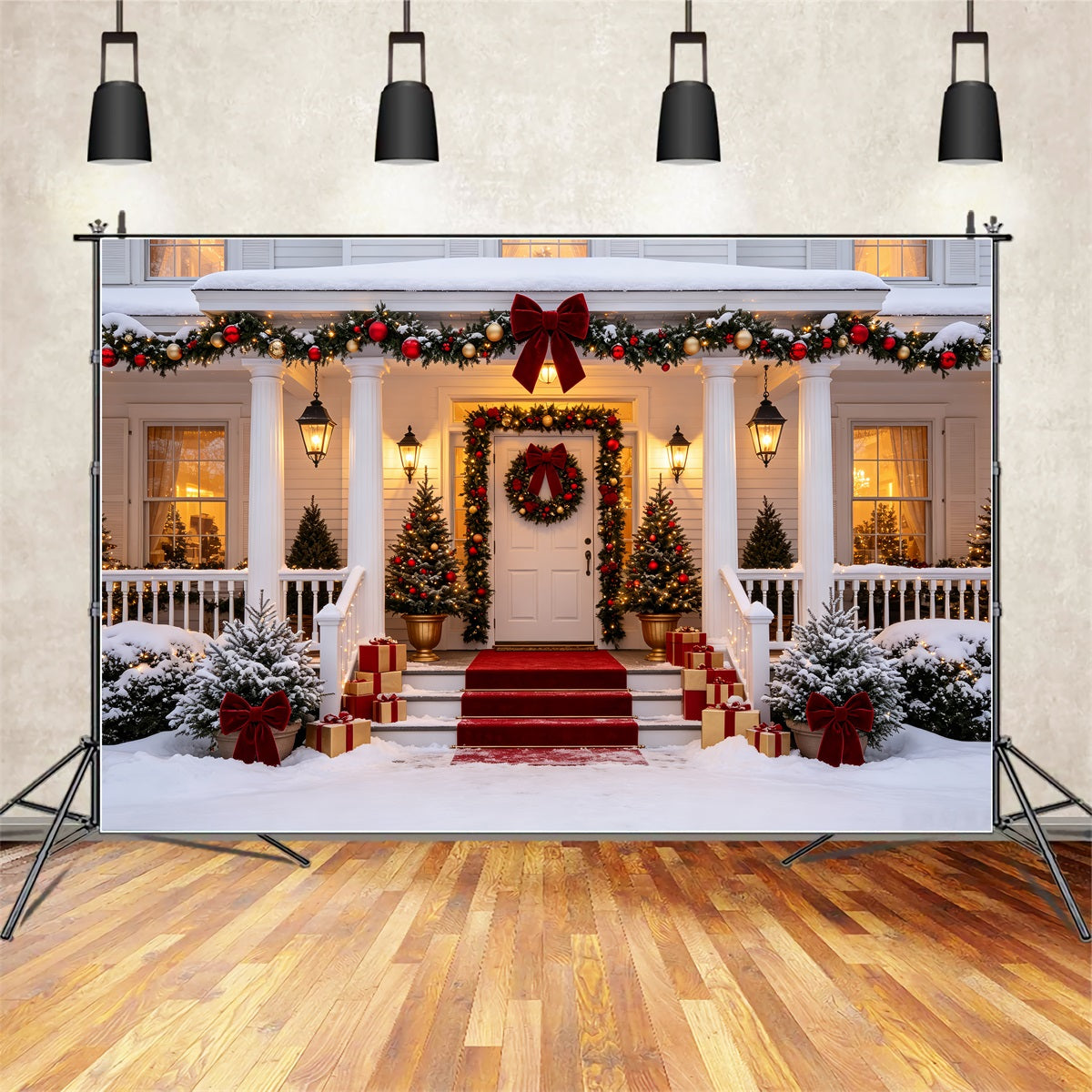 Weihnachtshaus-Kulisse Eleganter, Schneebedeckter Verandaeingang Weihnachtswand-Hintergrund CSH69-16