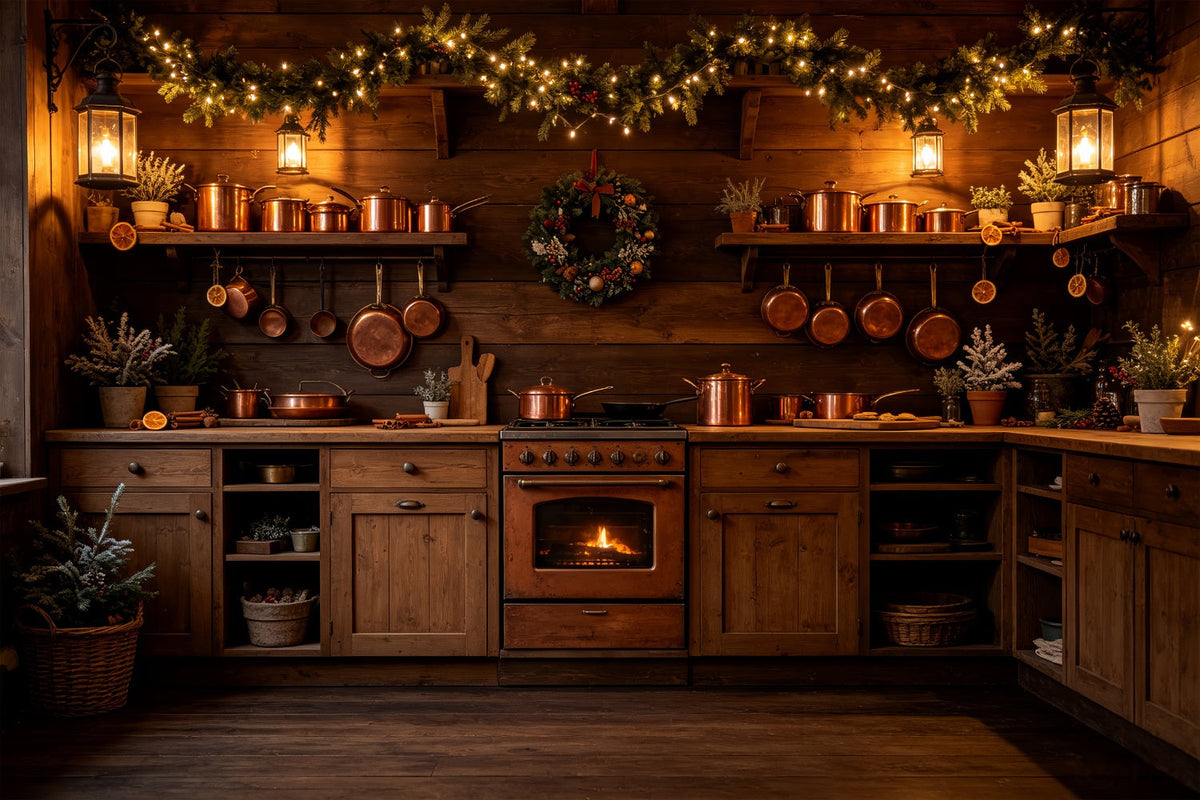 Weihnachtsküchen-Hintergrund Rustikale Kupferleuchten Für Den Kamin Weihnachtswand-Hintergrund CSH69-21