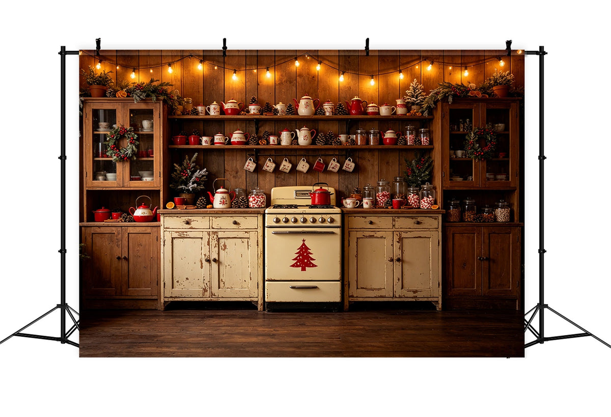 Weihnachtsküchen-Hintergrund Vintage-Teekannen-Display Weihnachtshintergrund Aus Musselin CSH69-22
