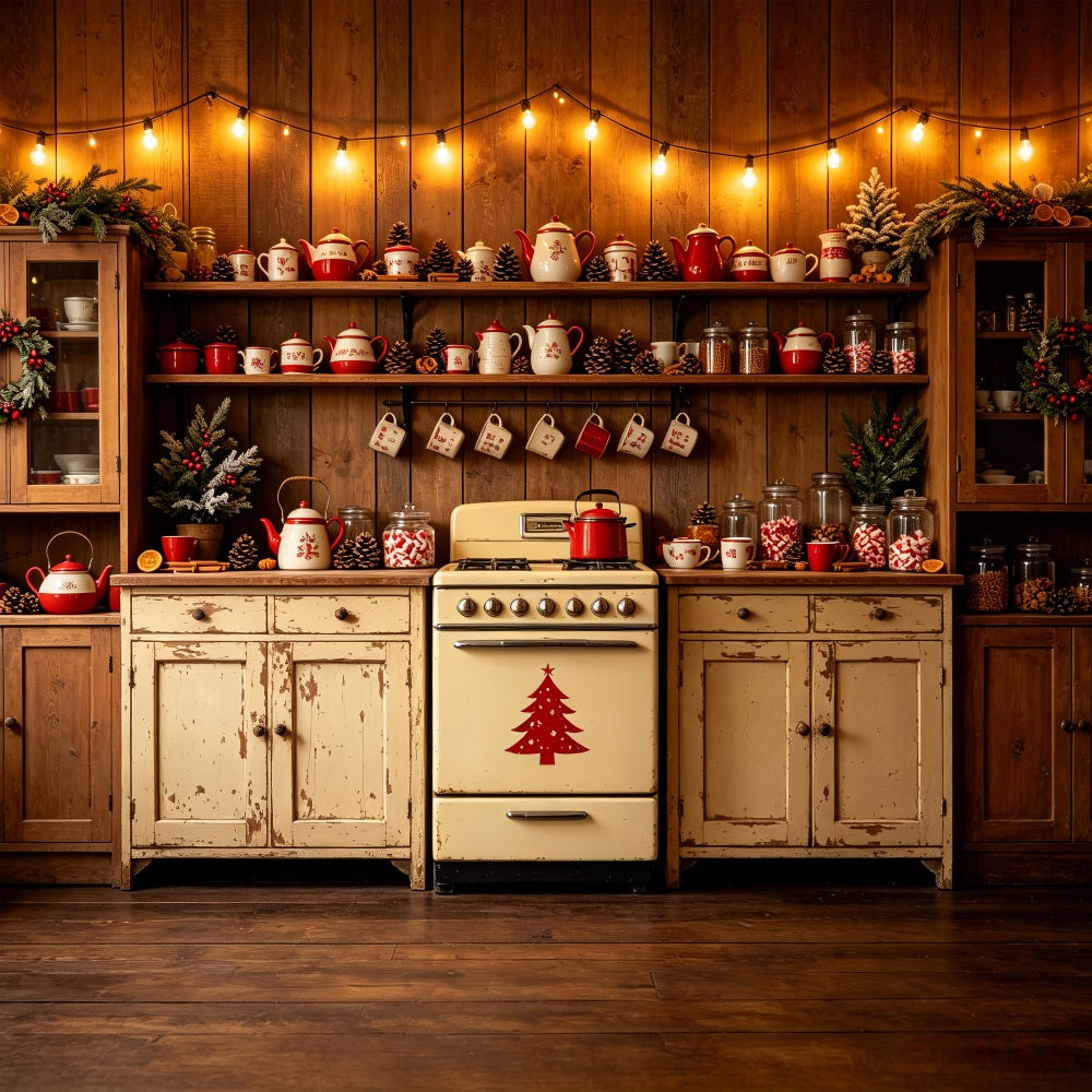 Weihnachtsküchen-Hintergrund Vintage-Teekannen-Display Weihnachtshintergrund Aus Musselin CSH69-22