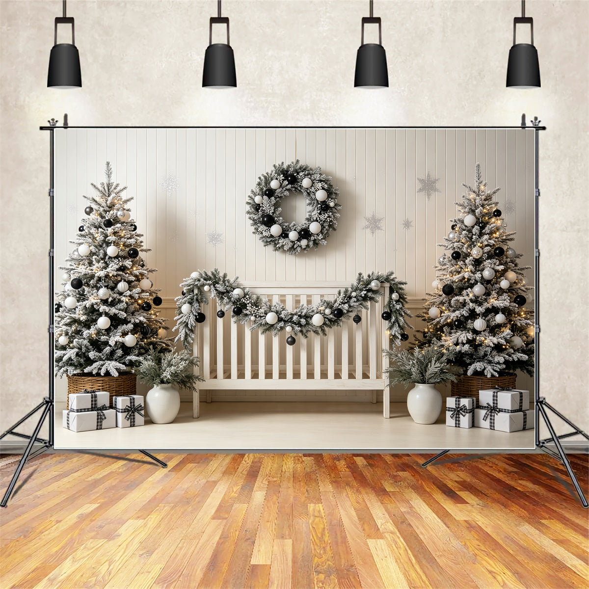 Weihnachtskopfteil-Hintergrund Schwarz-Weiße Kinderzimmerdekoration Musselin-Hintergrund Weihnachten CSH69-23