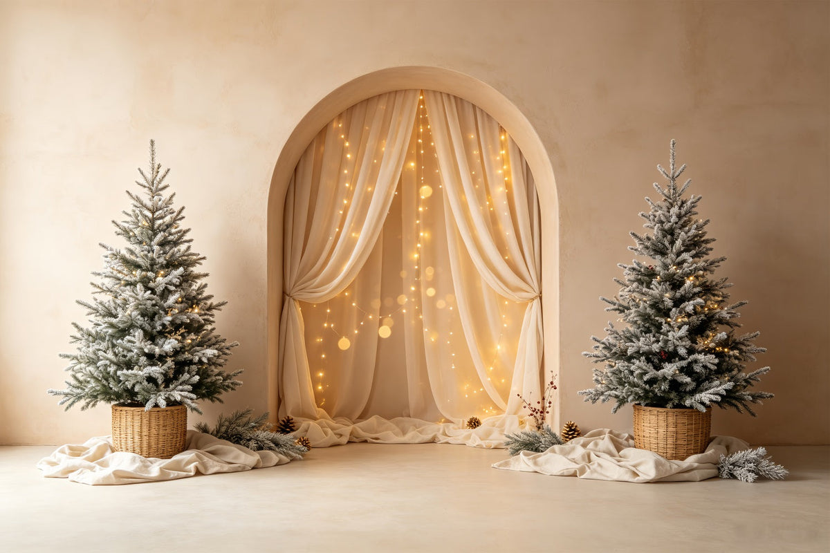 Boho-Weihnachtskulisse Sanftes, Bogenförmiges Baumleuchten Weihnachts-Fotohintergründe CSH69-24