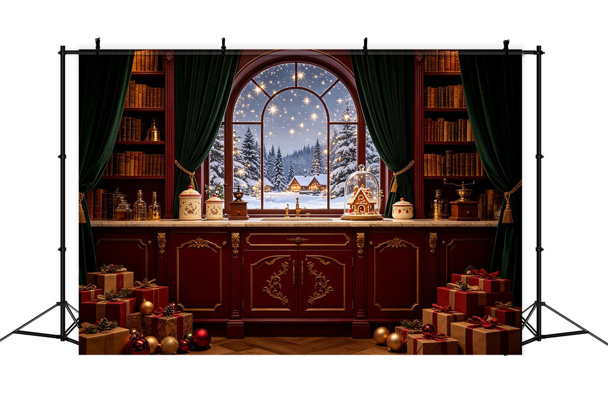 Weihnachtsnacht-Hintergrund Schneebedeckte Hütte Fensterspeisekammer Weihnachts-Fotohintergründe CSH69-37