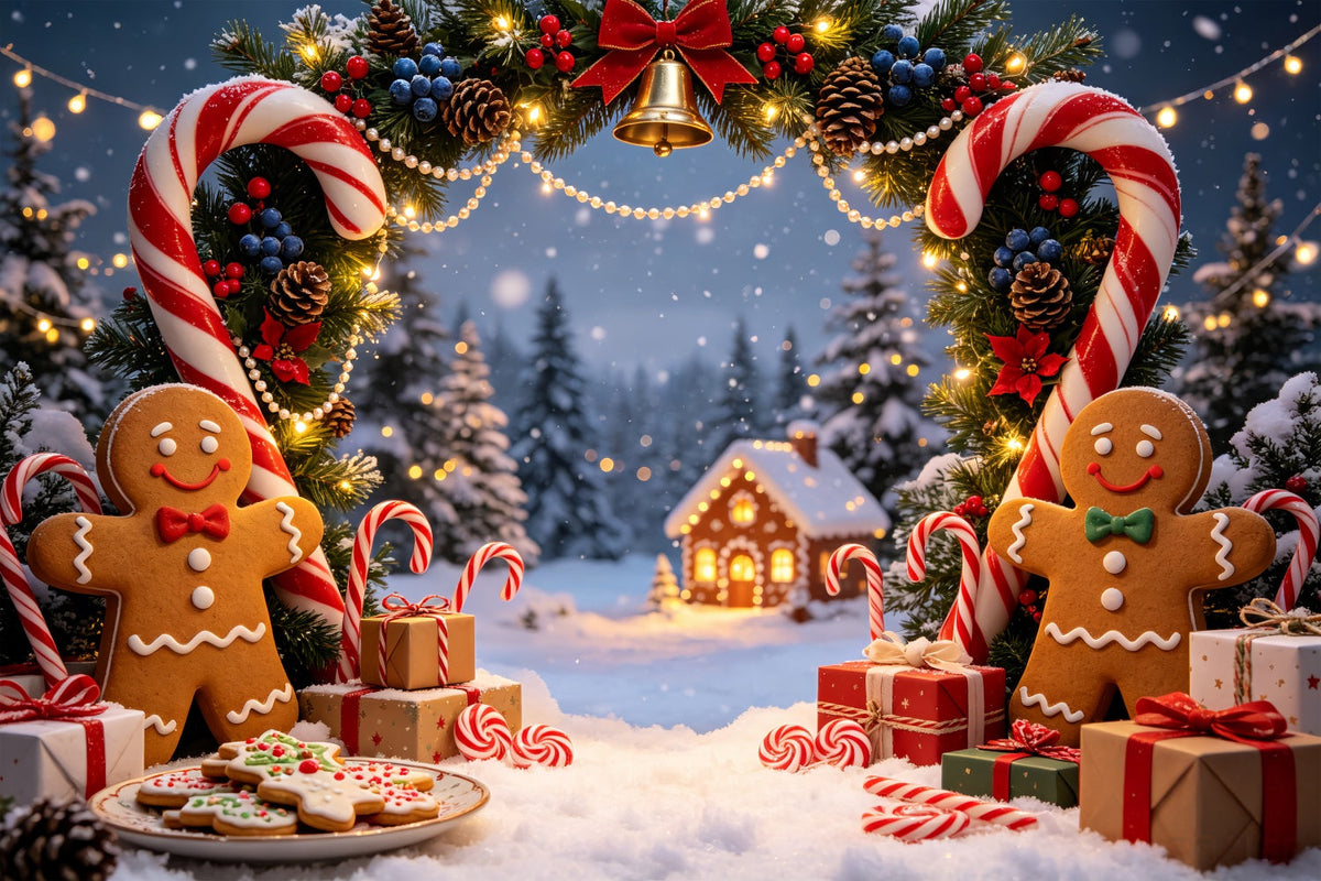 Lebkuchen-Weihnachtskulisse Zuckerstangenbogen Im Dorf Weihnachtsstudio-Hintergrund CSH69-44