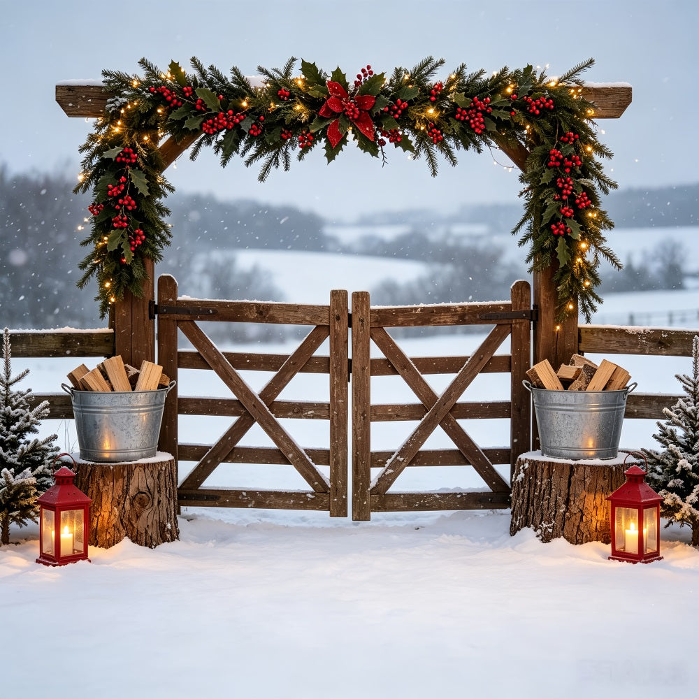 Ländliche Weihnachtskulisse Snowy Garland Farm Gate Weihnachts-Fotohintergründe CSH69-49