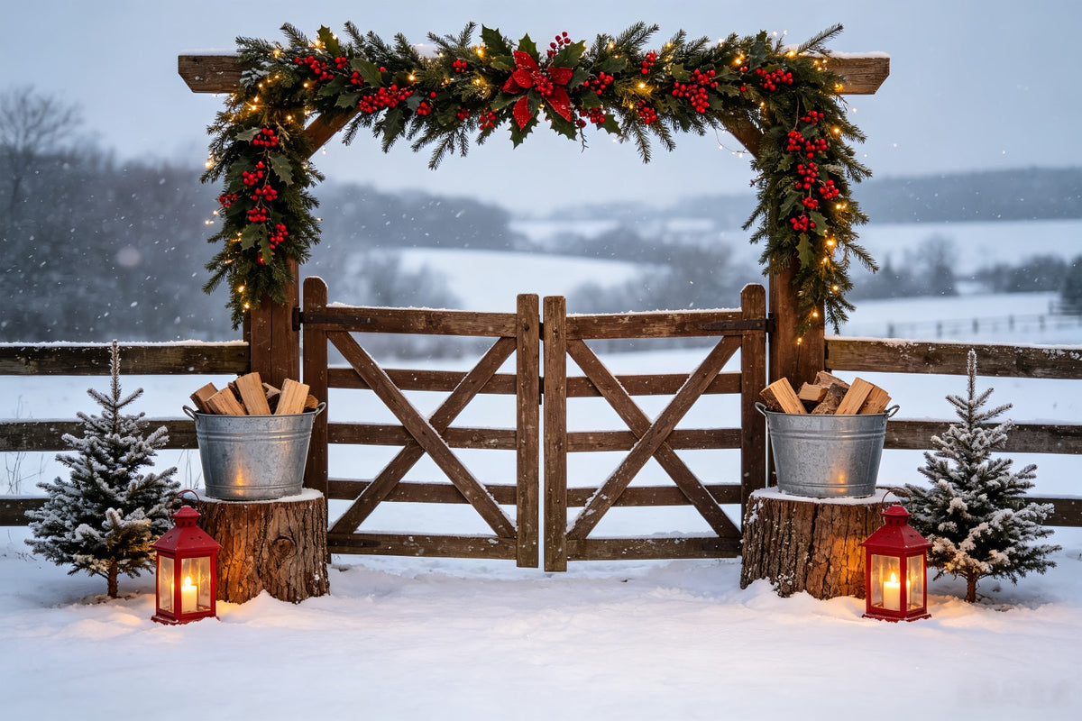 Ländliche Weihnachtskulisse Snowy Garland Farm Gate Weihnachts-Fotohintergründe CSH69-49