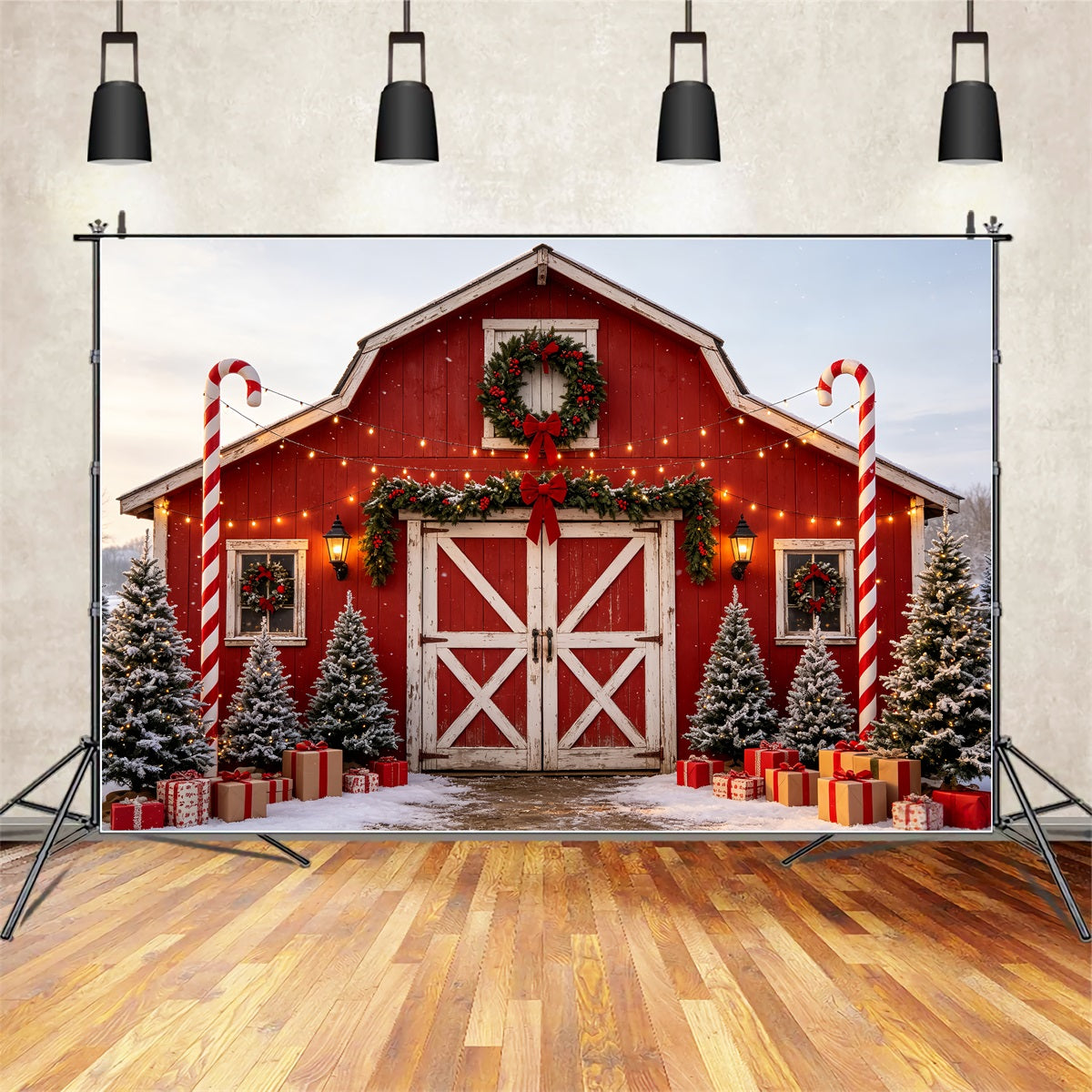 Weihnachtsbauernhof-Kulisse Eingang Zur Zuckerstangen-Scheune Weihnachts-Studiohintergründe CSH69-50