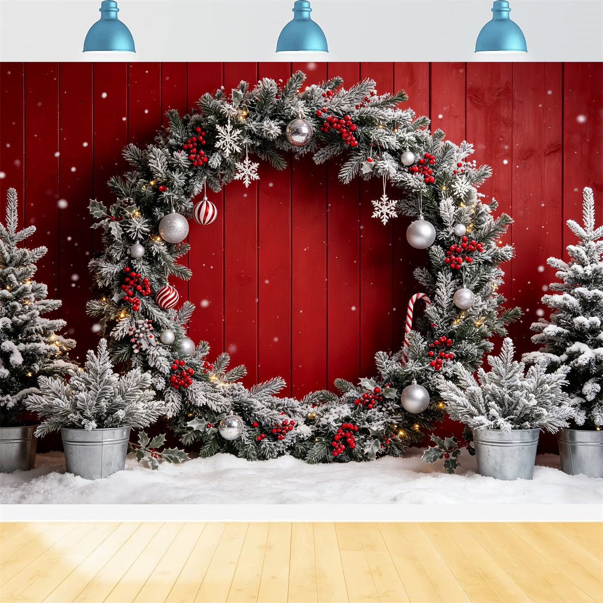 Weihnachts-Fotokabinen-Hintergrund Wand Mit Frostigem Rotem Kranz Weihnachts-Hintergrundfotografie CSH69-69