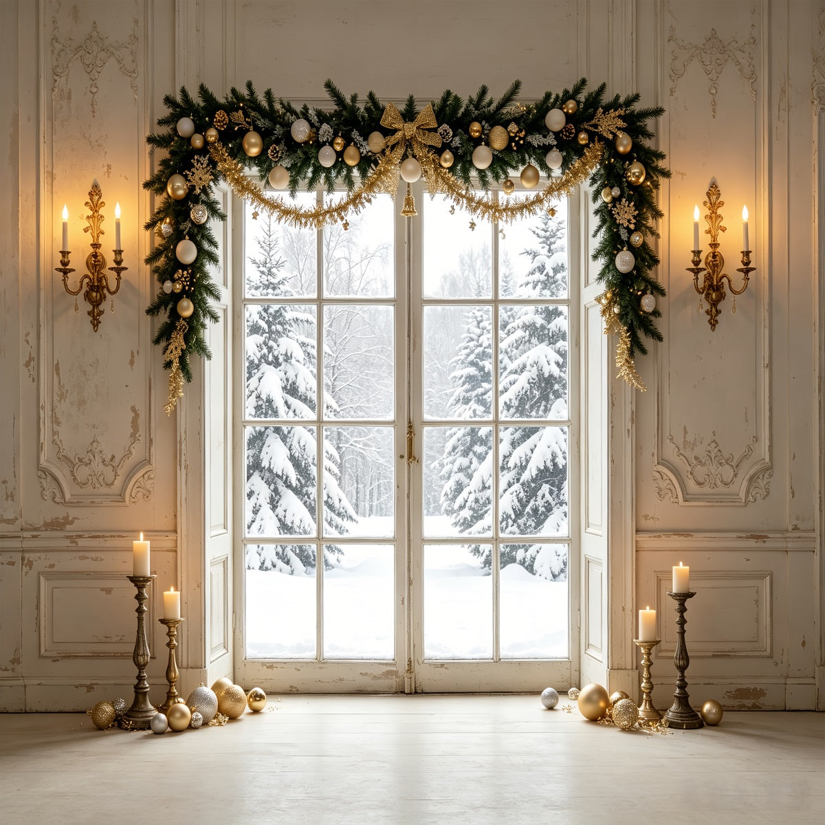 Weihnachtsfenster-Hintergrund Winter Kiefer Türansicht Weihnachts-Porträt-Hintergrund CSH69-80