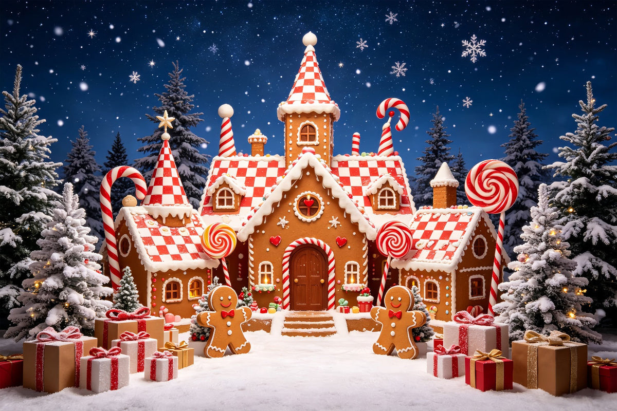 Lebkuchenhaus-Kulisse Süßigkeitenschloss Im Verschneiten Wald Fotohintergrund Aus Lebkuchen CSH69-90