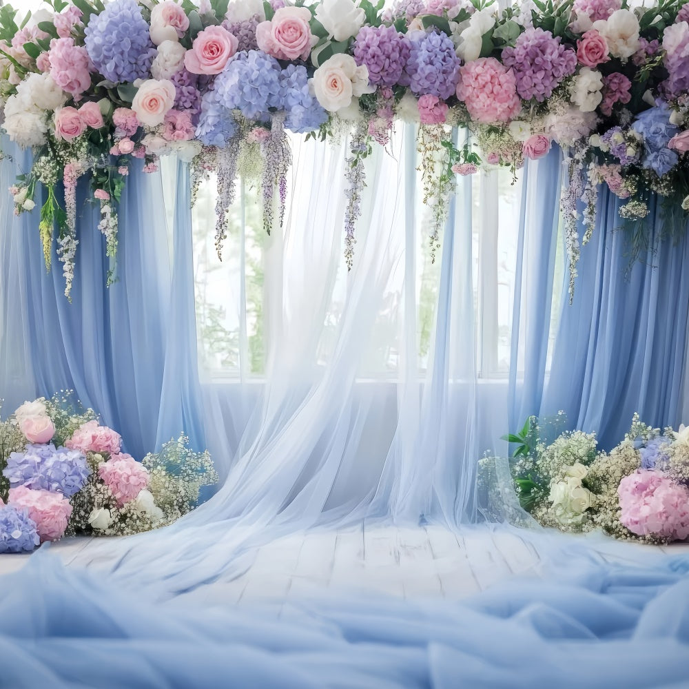 Muttertag Backdrops Blaue Blumen Fenster Drapery Backdrop GQ2-113