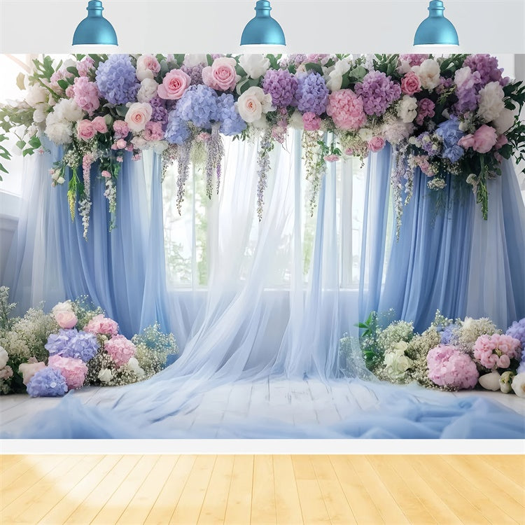Muttertag Backdrops Blaue Blumen Fenster Drapery Backdrop GQ2-113