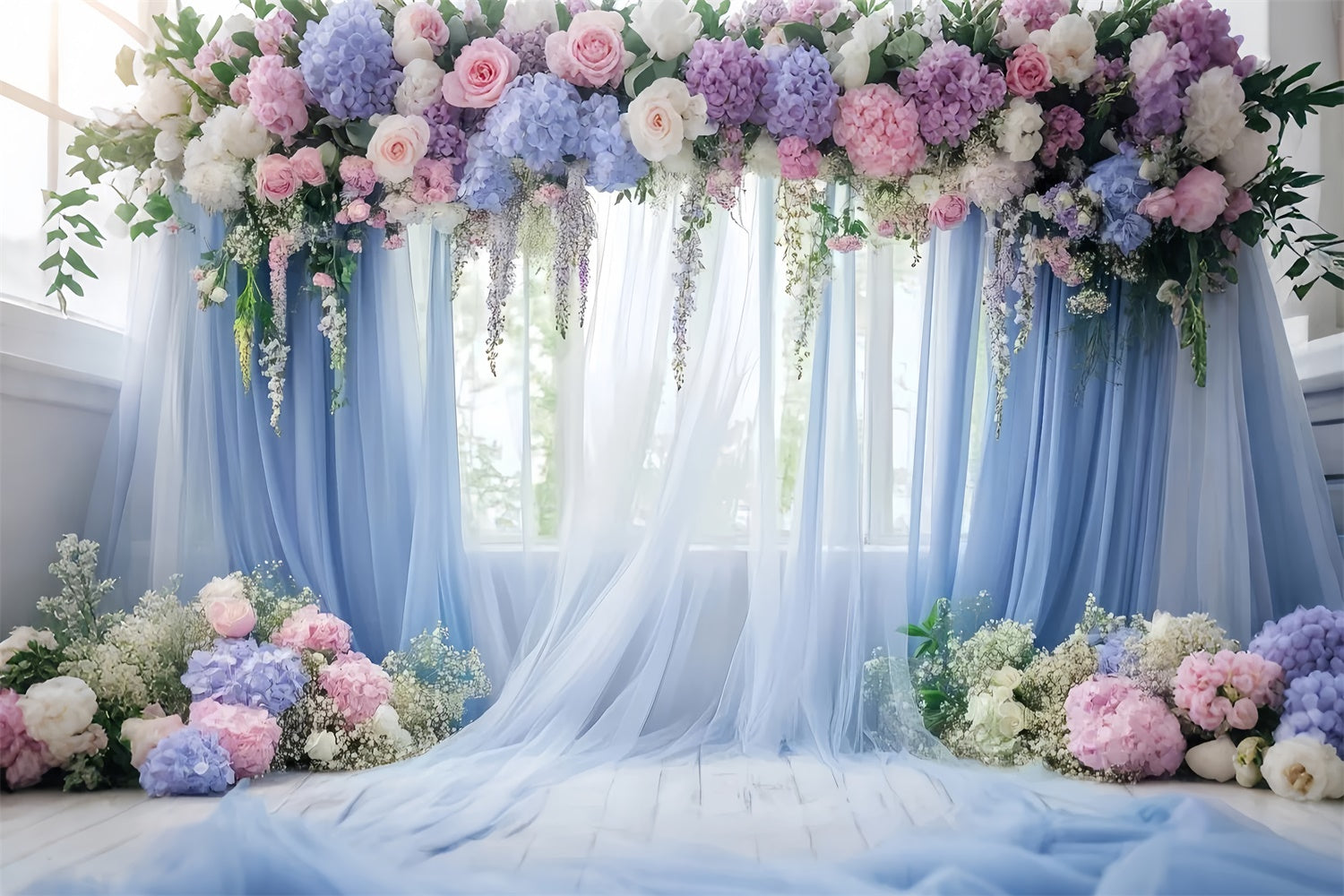 Muttertag Backdrops Blaue Blumen Fenster Drapery Backdrop GQ2-113