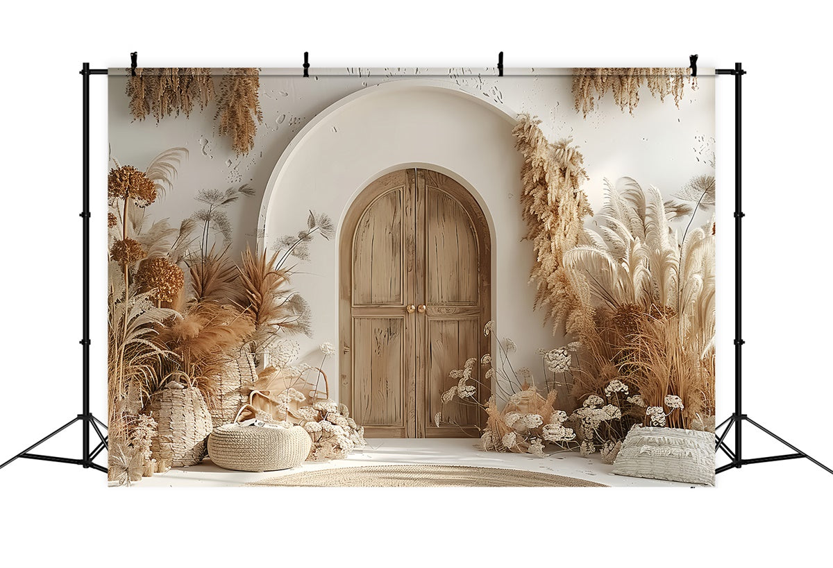 Boho Backdrop Ideen Warm Pampas Holztür Hintergrund GQ2-24