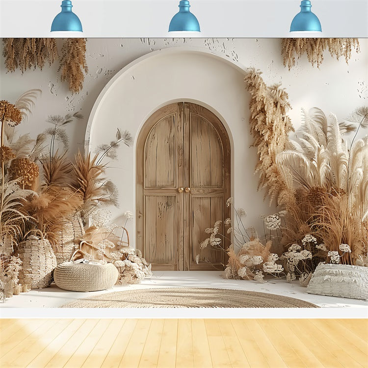 Boho Backdrop Ideen Warm Pampas Holztür Hintergrund GQ2-24