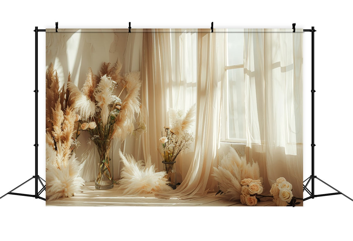 Boho-Hintergrund Sonnenbeschienener Pampas-Rosen-Fensterhintergrund GQ2-41