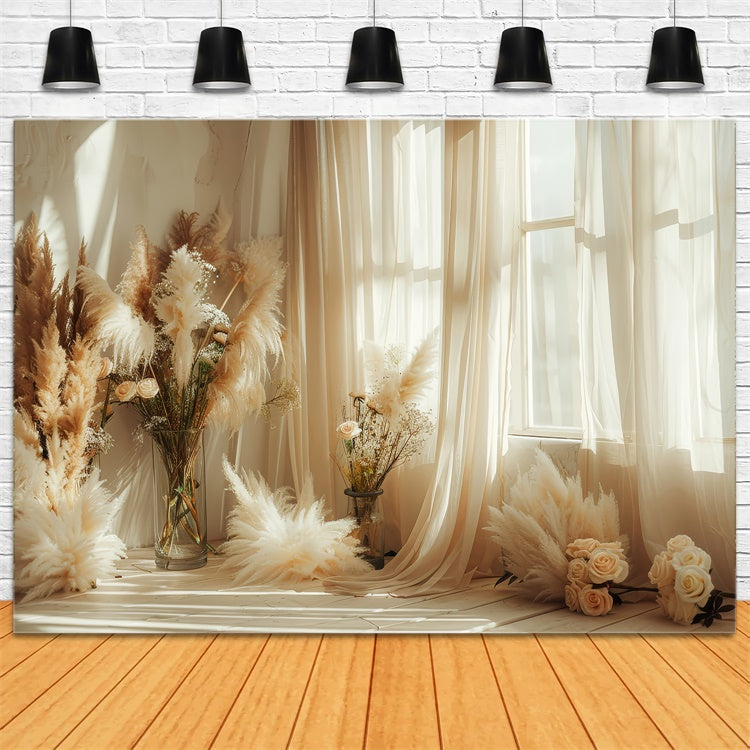 Boho-Hintergrund Sonnenbeschienener Pampas-Rosen-Fensterhintergrund GQ2-41