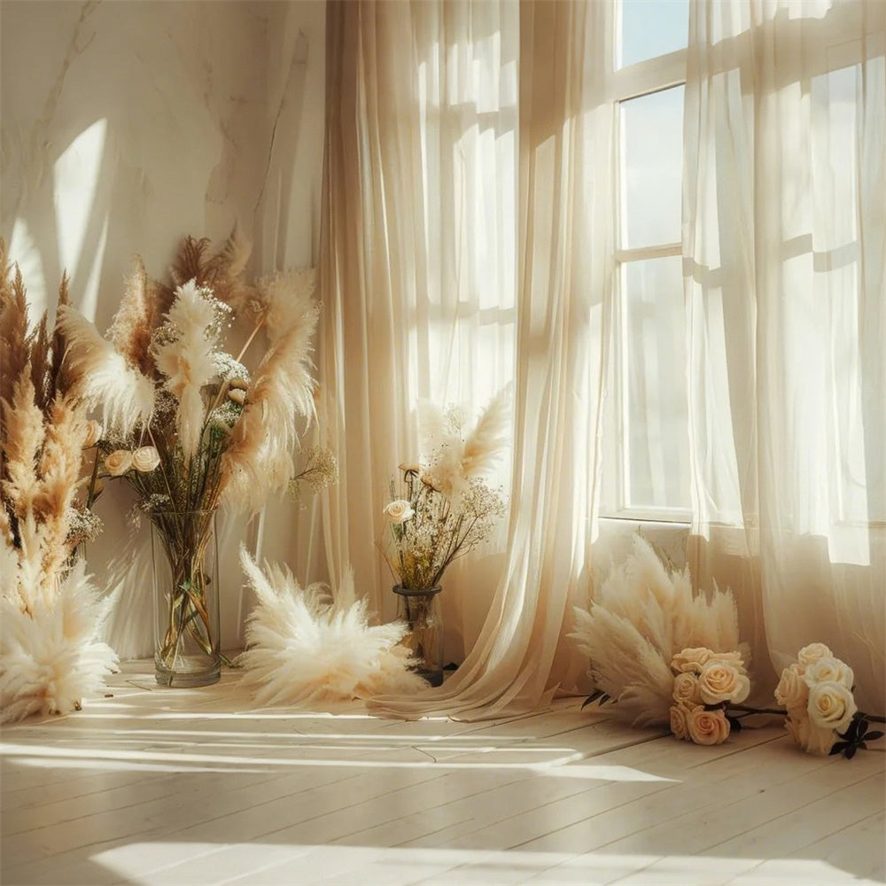 Boho-Hintergrund Sonnenbeschienener Pampas-Rosen-Fensterhintergrund GQ2-41