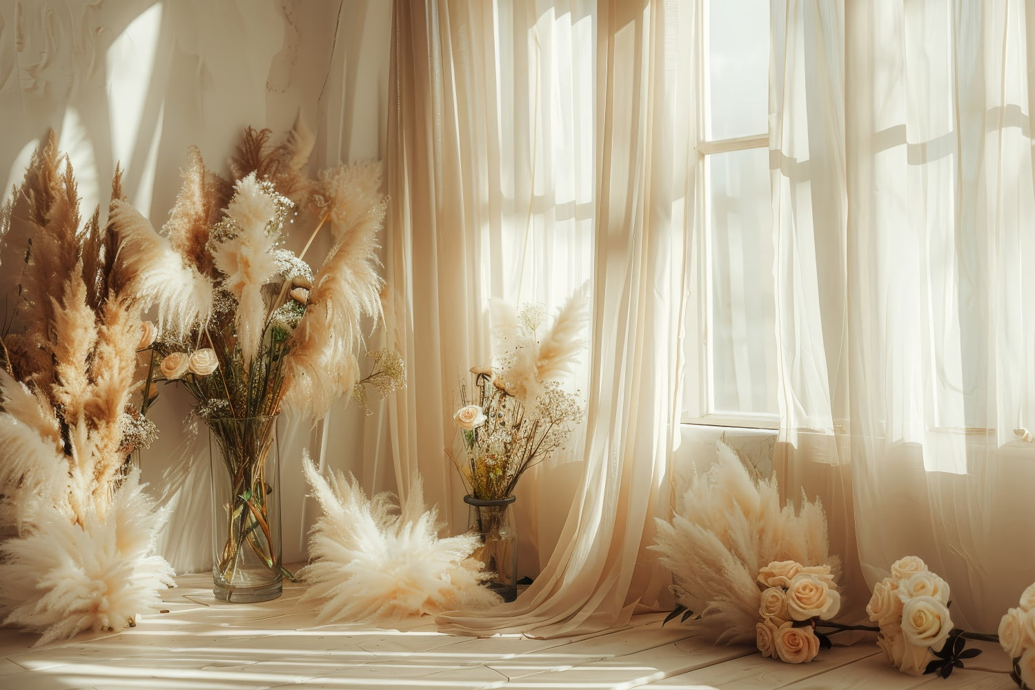 Boho-Hintergrund Sonnenbeschienener Pampas-Rosen-Fensterhintergrund GQ2-41