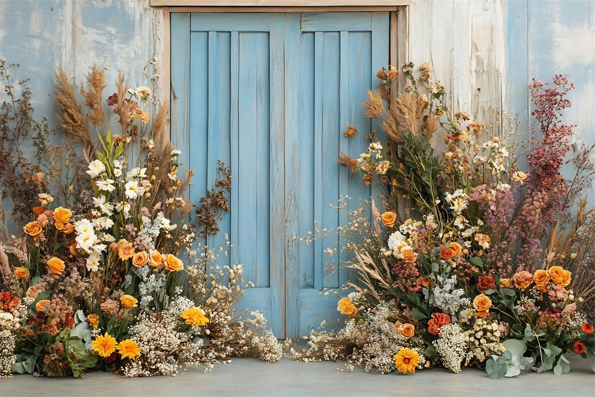 Boho Fotografie Backdrop Blaue Tür Blumenarrangement Backdrop GQ2-59