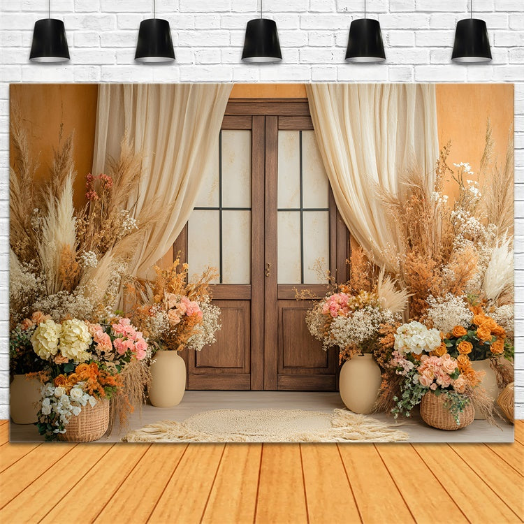 Muttertagskulisse Rustikale Blumen-Holz-Tür-Kulisse GQ2-86