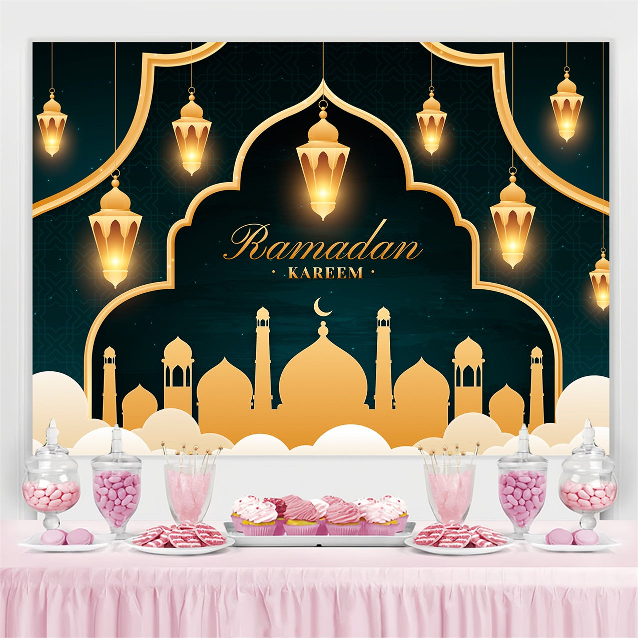 Ramadan Mubarak Backdrop Glühende Gold Laterne Bogen Backdrop GQ3-10