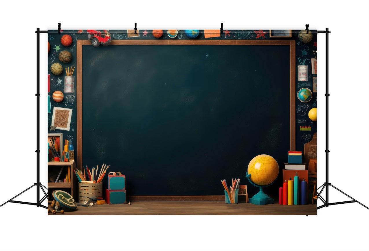 Back To School Fotokulissen Kreidetafel Planeten Bücher Hintergrund GQ3-105