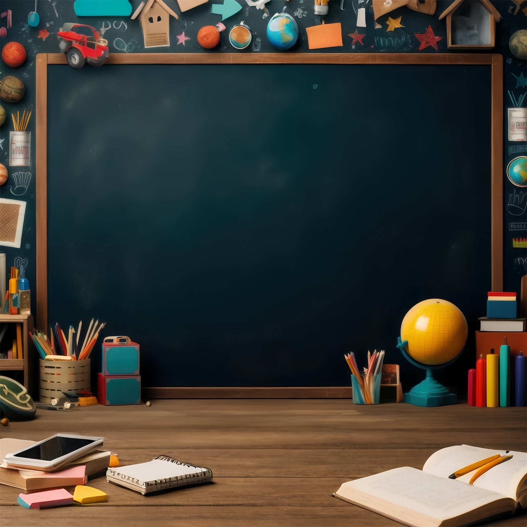 Back To School Fotokulissen Kreidetafel Planeten Bücher Hintergrund GQ3-105