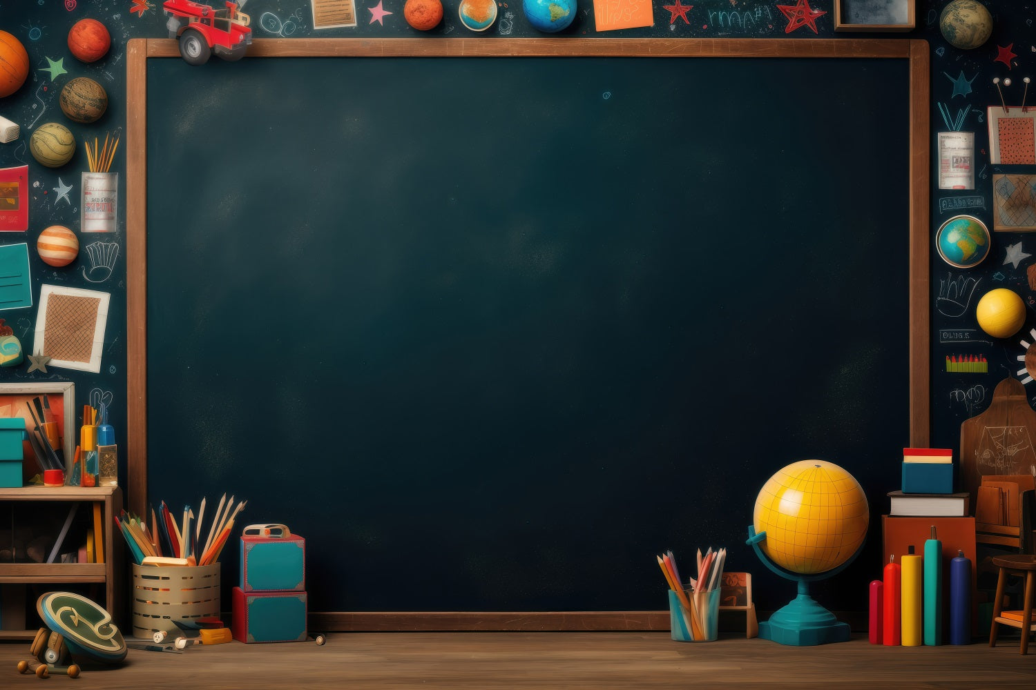 Back To School Fotokulissen Kreidetafel Planeten Bücher Hintergrund GQ3-105