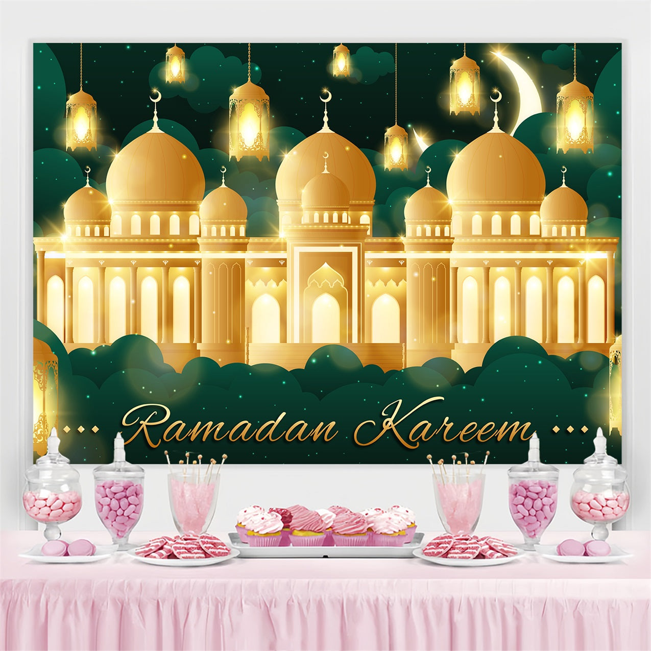 Ramadan Backdrops Goldener Palast Moschee Lichter Backdrop GQ3-11
