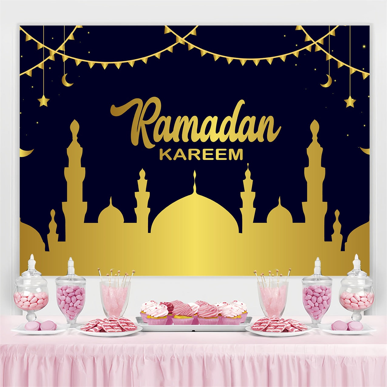 Ramadan Backdrops Glühende goldene Moschee bei Mondschein GQ3-15