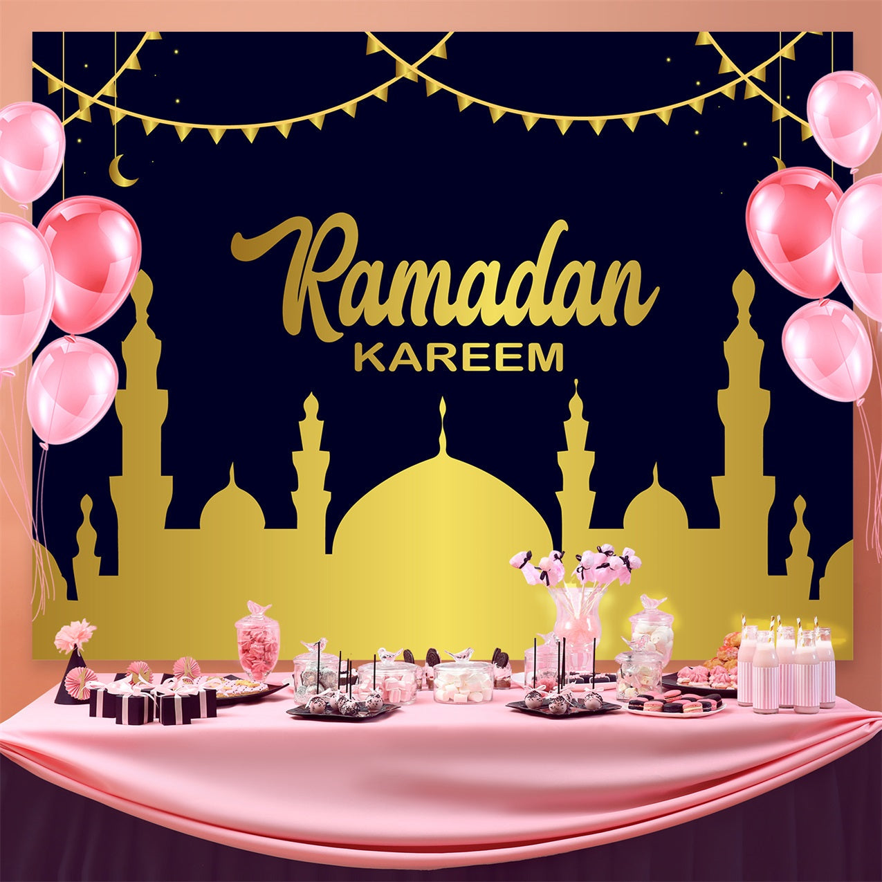 Ramadan Backdrops Glühende goldene Moschee bei Mondschein GQ3-15