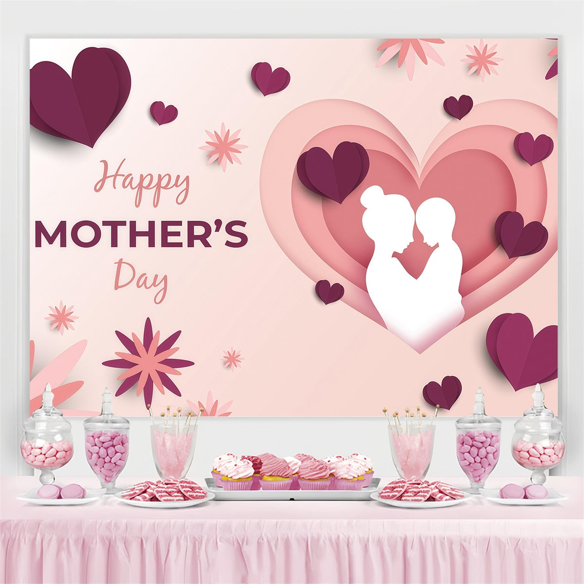 Hintergrund für Muttertag Silhouette Herz Floral Custom Backdrop GQ3-156