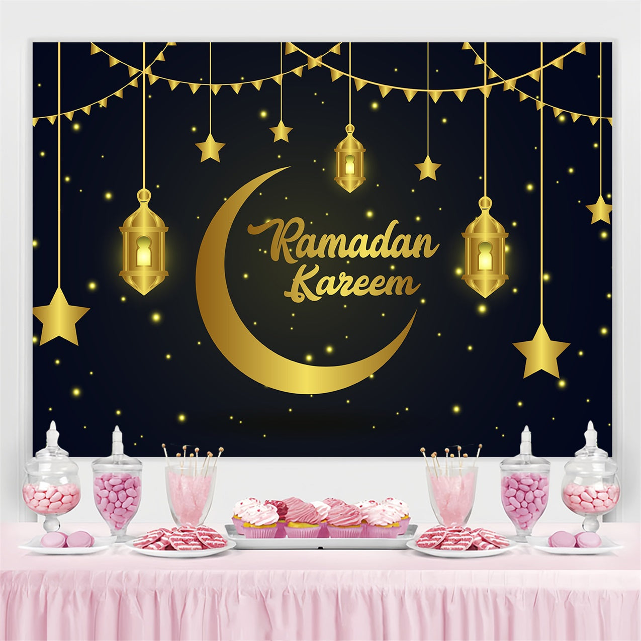 Ramadan Mubarak Backdrop Goldene Sterne Laternen Backdrop GQ3-16