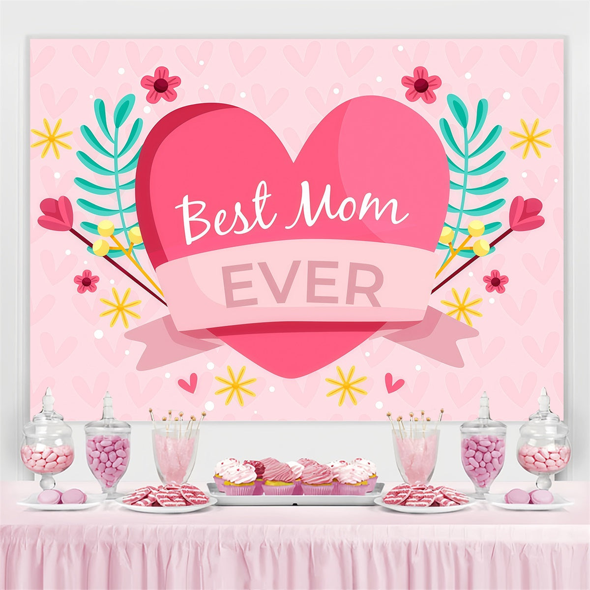 Muttertagskulisse Rosa Herz Blumen Personalisierte Kulisse GQ3-165