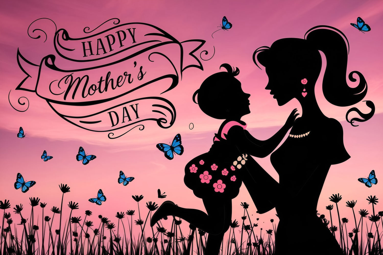 Backdrops für Muttertag Rosa Himmel Schmetterling Personalisierte Hintergrund GQ3-172