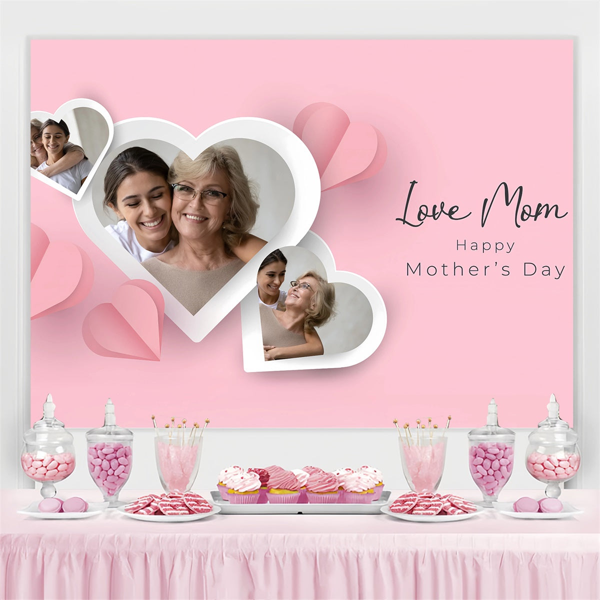 Backdrops für Muttertag Herzrahmen Rosa Individuelles Backdrop GQ3-184
