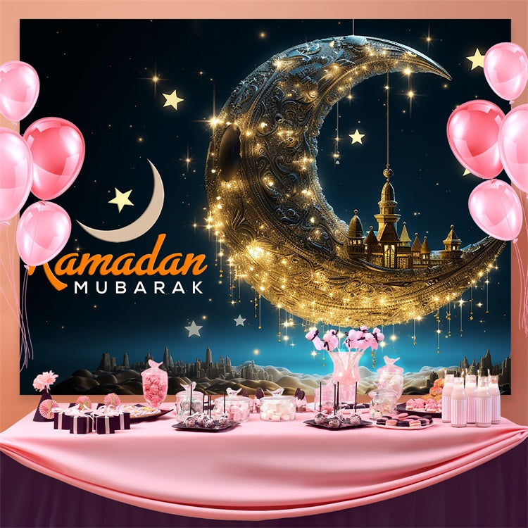 Ramadan Backdrops Goldene Mondsichel Schwimmende Moschee Hintergrund GQ3-19
