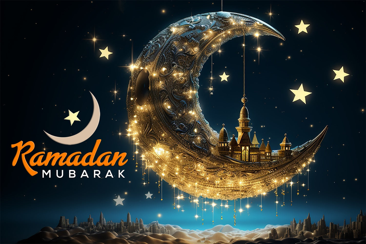 Ramadan Backdrops Goldene Mondsichel Schwimmende Moschee Hintergrund GQ3-19