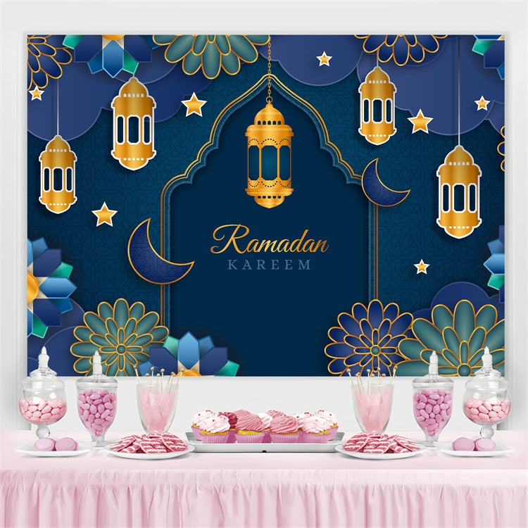 Ramadan Mubarak Hintergrundkulisse Blau-Gold-Laternen Blumenbogen Hintergrundkulisse GQ3-2