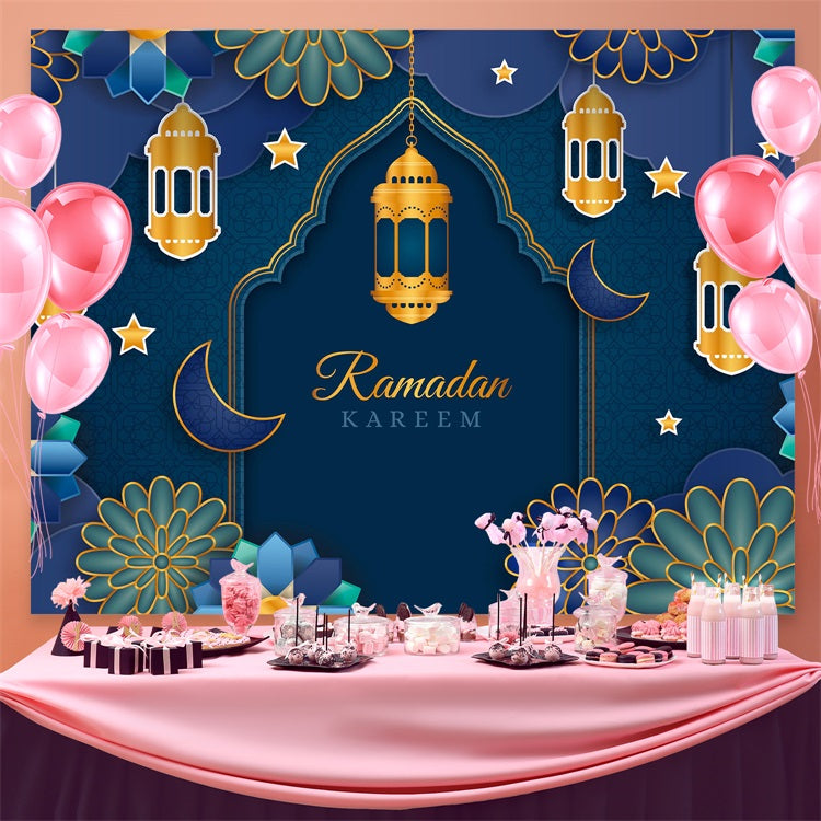 Ramadan Mubarak Hintergrundkulisse Blau-Gold-Laternen Blumenbogen Hintergrundkulisse GQ3-2