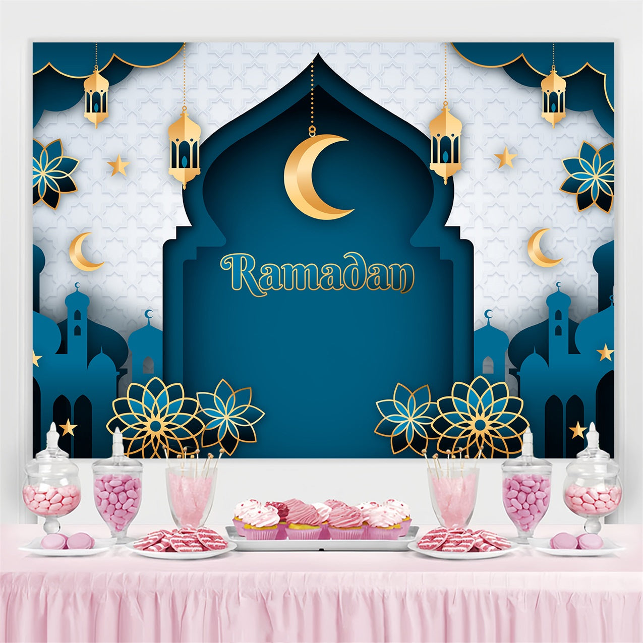 Ramadan Mubarak Backdrop Klassischer Blauer Halbmond Bogen Backdrop GQ3-20